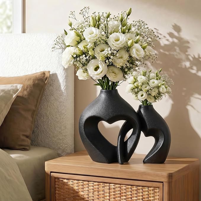 Black Ceramic Flower Vases Home Decor Heart Shaped Vase Set of 2 | Nordic Heart Shaped Vases Minimalist Decorative Vase for Table Centerpiece Wedding Dining Living Room Office House Decoration