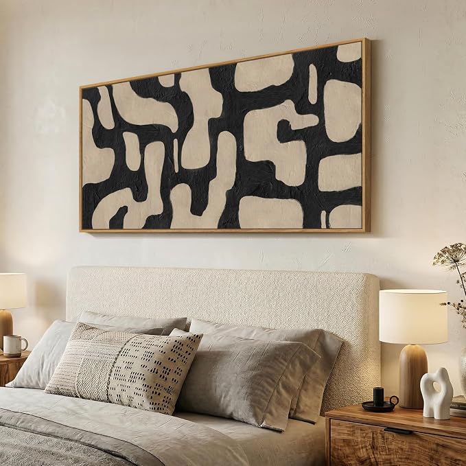 Large Framed Black and Beige Abstract Wall Art for Living Room, 30x60 In | Neutral pictures, Horizontal canvas prints, Wood frame, Modern minimalist artwork, Wall decor for bedroom dining room office