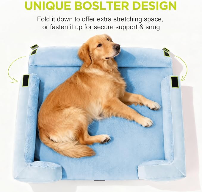Waterproof Orthopedic Dog Bed for Extra Large Sized Dogs | Memory Foam Pet Bed Sofa with Bolster, Dog Couch with Washable Cover & Non-Slip Bottom, 42x30 Inch, Light Blue
