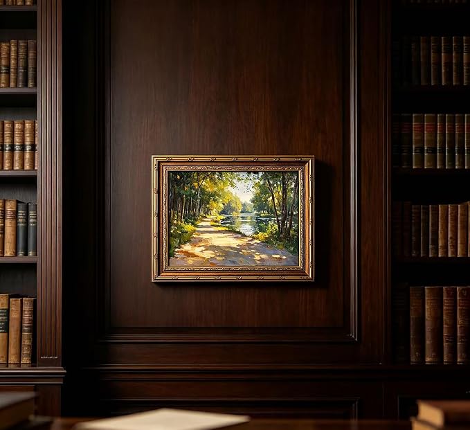 Vintage Gold Framed Canvas Wall Art Sunshine Forest Impressionist Landscape Painting Picture Wall Decor Spring Summer Green River Nature Scenery Poster Print Artwork for Living Room Bedroom