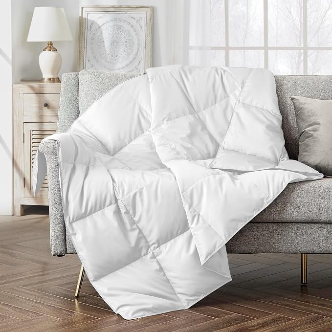puredown® Soft Feather Down Throw Blanket Lightweight Packable Couch Throw for Indoor and Outdoor Use, Throw 50"X70", Pure White