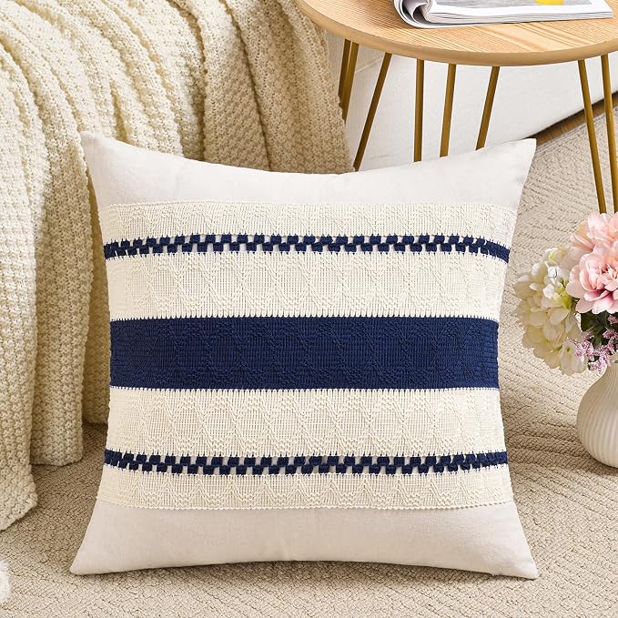 Fancy Homi Set of 1 Navy Blue Decorative Throw Pillow Covers 22x22 Inch for Couch Bed Sofa Living Room Office, Aesthetic Modern Organic Farmhouse Home Decor, Soft Cotton Woven Textured Cushion Case
