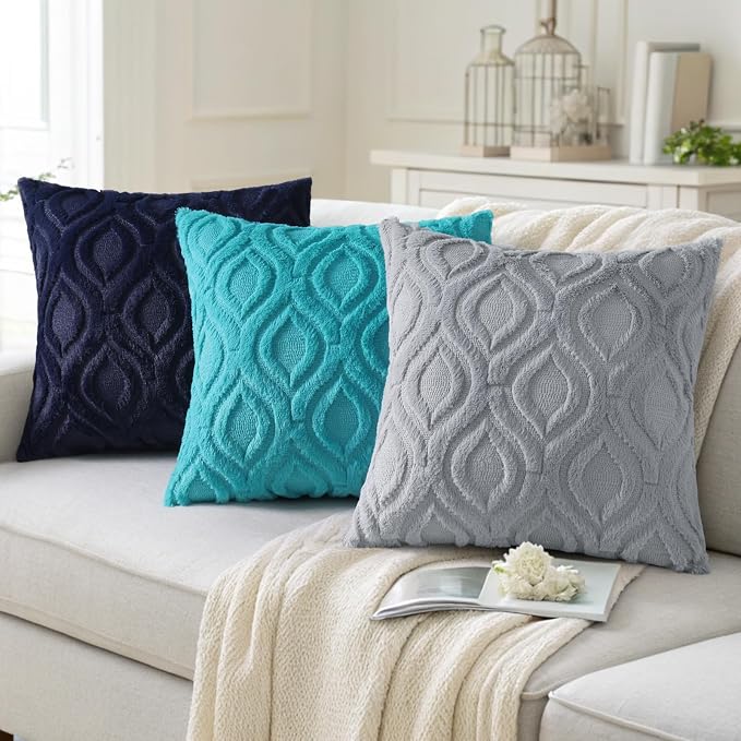 decorUhome Faux Fur Plush Soft Navy Blue Throw Pillow Covers 20x20 Set of 2 | Wool Solid Fall Couch Pillow Covers, Accent Modern Farmhouse Neutral Decorative Square Pillow Cases for Sofa Bed Living Room