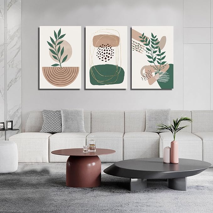 DNIEOTU Bohemian Wall Art for Living Room, Boho Botanical Wall-Decor for Bedroom, Minimalist Geometric Shapes Picture Prints, Size 24 x 36 Inches 3-Pieces