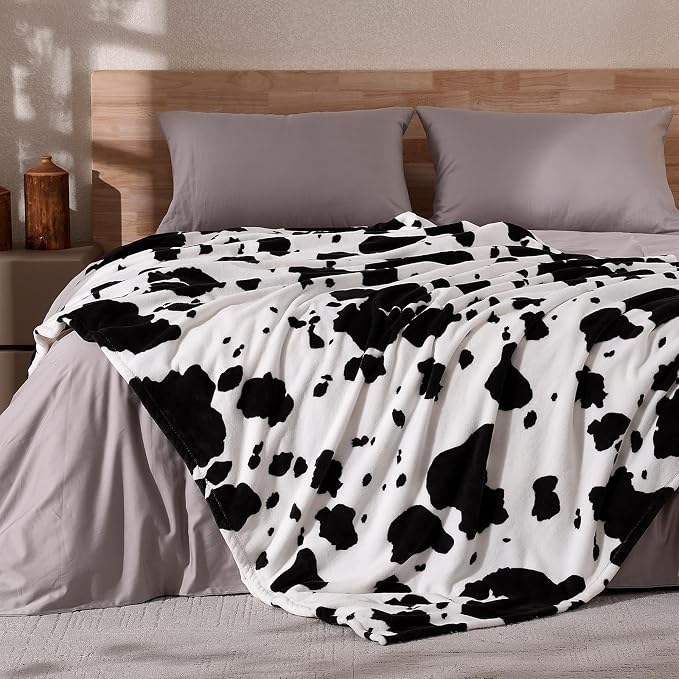 Cozy Bliss Cow Print Throw Blanket for Bed - Fuzzy Thick Soft Warm Fleece Blankets for Couch & Bed, for Women Men Girls Kids, Black & White Twin Size 60"*80"