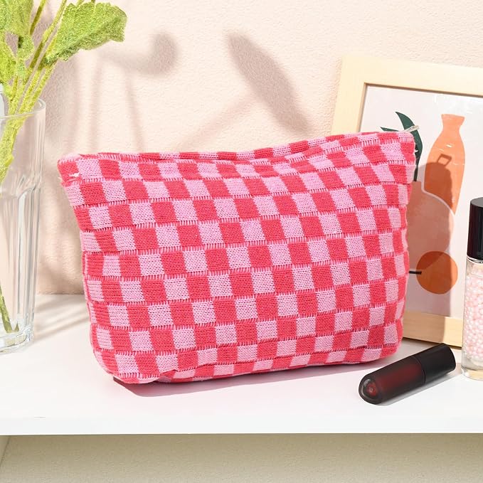 SOIDRAM 2 Pieces Makeup Bag Large Checkered Cosmetic Bag Capacity Canvas Travel Toiletry Bag Organizer Cute Makeup Brushes Aesthetic Accessories Storage Bag for Women, Rose Red checkered