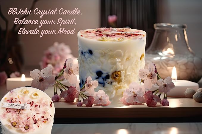 Botanical Crystal Candle, Organic Natural Dried Flowers, Aromatherapy, Peach Scented Fragrance, Meditation, Manifestation, Intention, Long Lasting Candles, Christmas, Mother’s Day, Gift for Woman