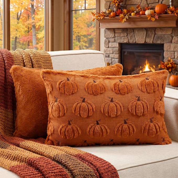 Fall Throw Pillow Covers 12x20 Set of 2 Rust Pumpkin Lumbar Covers | Double sided plush comfort with raised pumpkin embroidery, designed for living beds, armchairs, and cozy fall home decor.
