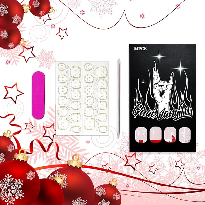 Christmas Silver Glitter Elk False Nails Red Santa Hat French Tip Press on Nails Short Square Xmas Glue on Nails Glossy Winter Christmas Acrylic Fake Nails for Women Girls