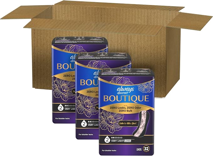 Always Discreet Boutique Incontinence Panty Liners for Bladder Leaks, Size 2, Very Light Absorbency, Long Length, 96 Count (3 Packs of 32)