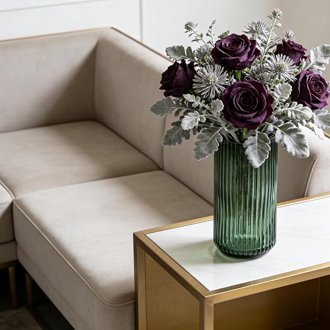 Flower Vase 7.5 inch Green Thickened Glass Vase for Bookshelf,Dinner Table,Indoor Office Desktop,Meeting Room,Bathroom,Countertop,Home Christmas Day Decoration