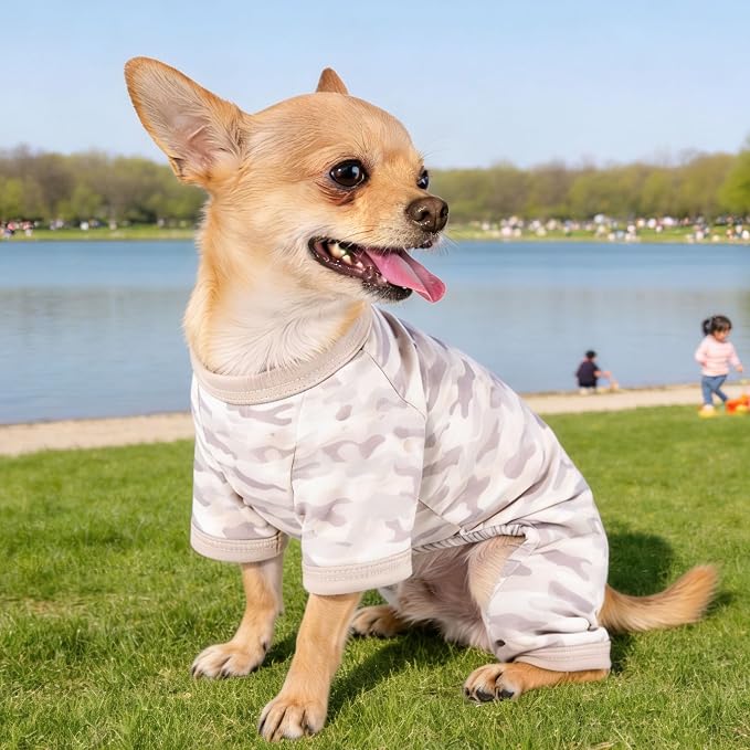 Dog Summer Pajamas Onesie Soft Breathable Puppy Jumpsuit Lightweight Dog Clothes for Small Medium Dogs Cat Pet Clothes(Khaki, Small)