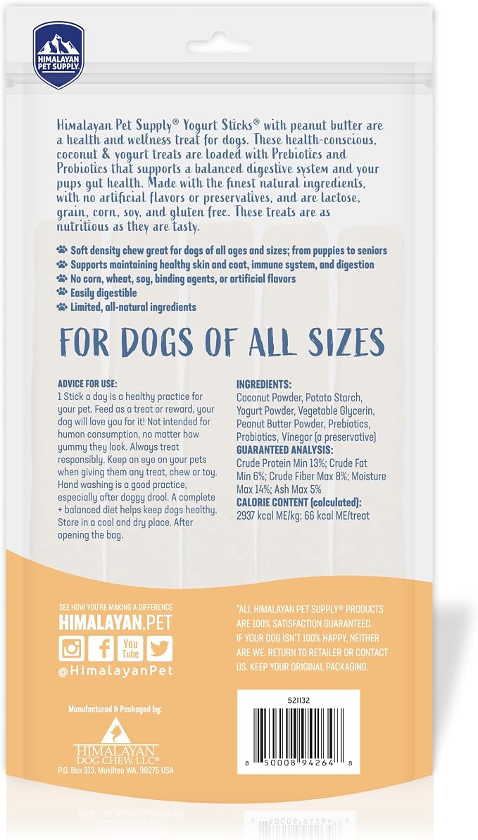 Yogurt Sticks, Prebiotic & Probiotics, Protein Rich - Lactose Free - Gluten Free - Corn Free - Grain Free, USA Made, for All Breeds, 5 pieces of Droolicious Yogurt Sticks, Peanut Butter Flavor