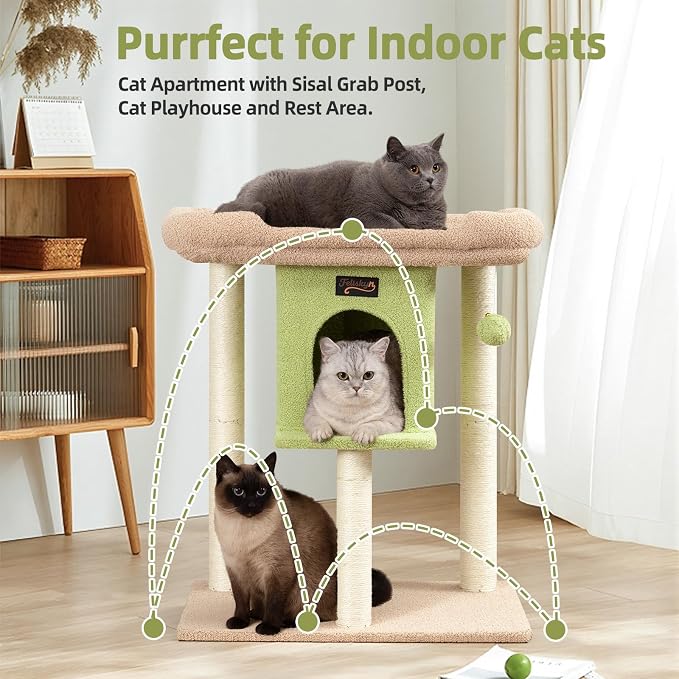 Cat Tree Tower Scratching Post for Indoor Large Adult Cats with Perch Bed | 28in Tall Small Cat Trees House with Big Perch, Condo, Toy Balls, Modern Kitten Climbing Furniture Platform, Green