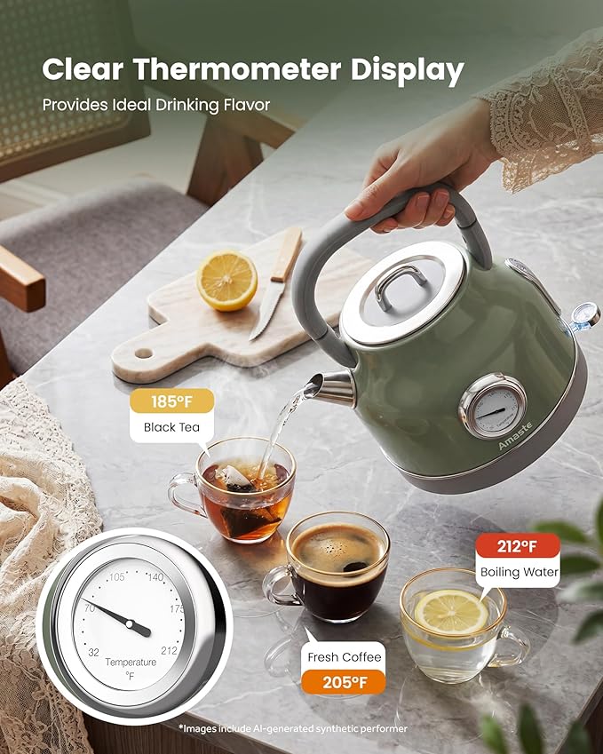 Amaste Electric Kettle, Retro Electric Tea Kettle with Thermometer, 57 Oz Hot Water Kettle for Coffee & Tea, 304 Stainless Steel, 1500W Fast Boiling, Auto Shut-Off & Boil Dry Protection, Matcha Green