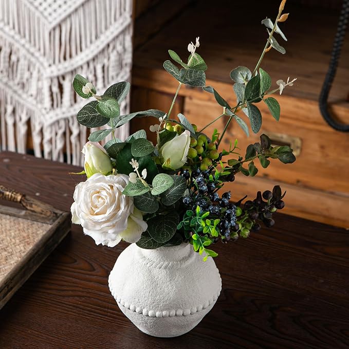 Mowtanco Rustic Ceramic Vase with Boho Wooden Beads, Matte Decorative Pottery for Modern Farmhouse and Bohemian Decor, Floral Arrangements, Bedroom, Shelf, or Side Table Accents