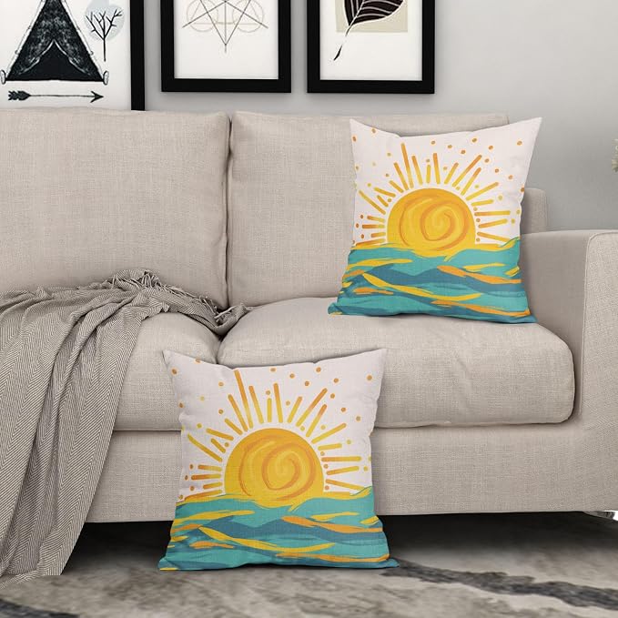 Summer Sunrise Pillow Covers 22x22 Inch Set of 2 Bright Yellow Sun Beach Rustic Throw Pillow Cases Outdoor Linen Square Cushion Cover Farmhouse Decor for Bedroom Home Sofa Couch Bed