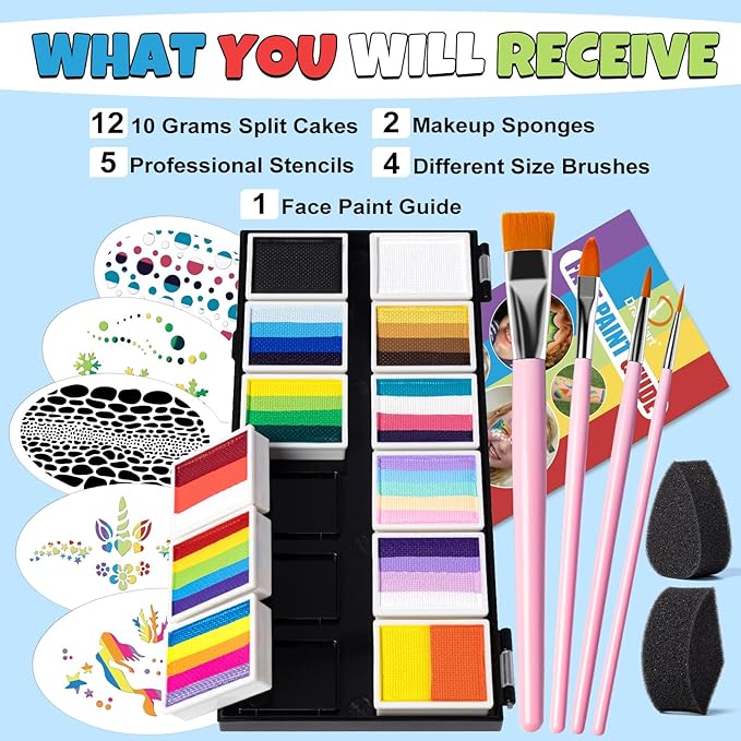 Professional Face Painting Kit for Kids & Adults, Split Cake Face Paint Palette 12 x 10gm with Stencil, One Stroke Non Toxic Rainbow Body Paint Set for Halloween & Christmas Makeup
