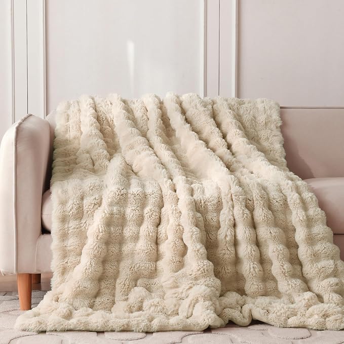 COOVA Faux Fur Throw Blanket for Couch, Cozy Soft and Fuzzy Plush Rabbit Fur Bubble Blanket for Sofa Bedroom Living Room, 50x60 Inches Light Taupe