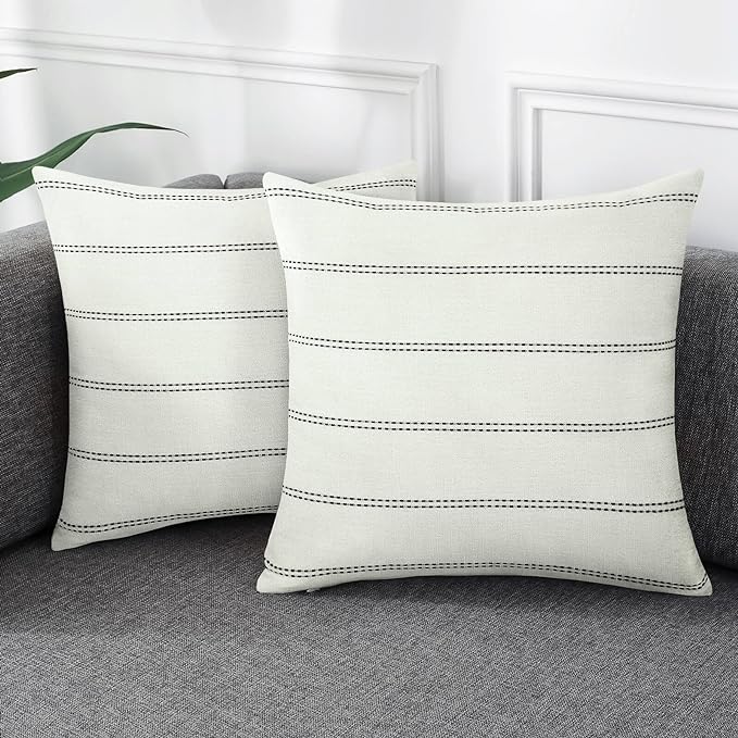 Pack of 2 Farmhouse Stripe Check Throw Pillow Covers Set Case Cotton Linen Decorative Pillowcases Cushion Cover for Couch Bench Sofa 26x26Inch Cream