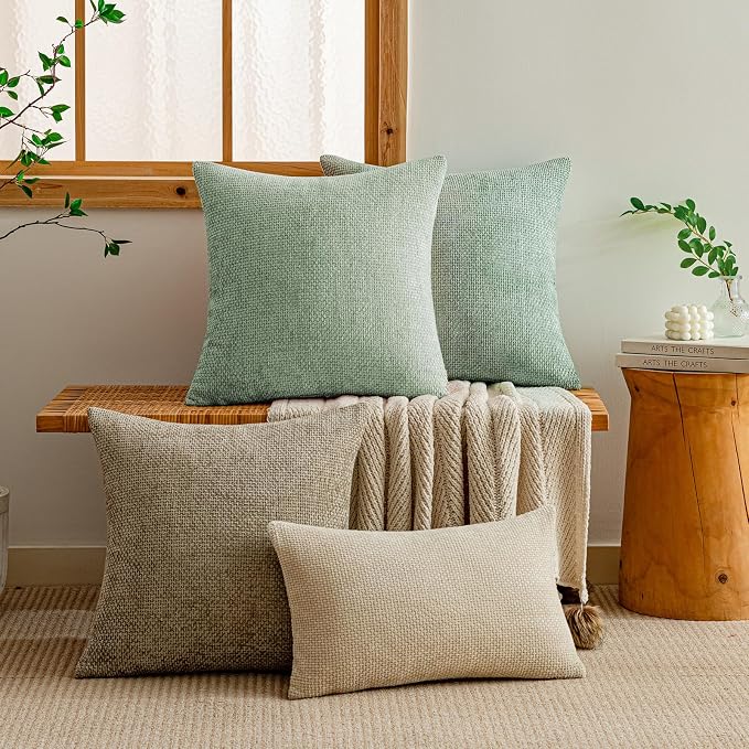 a moment Light Green Chenille Throw Pillow Covers 24x24 Inch Pack of 2 Modern Decorative Throw Pillow Cases Farmhouse Cross Covers Home Decor for Sofa Living Room Spring