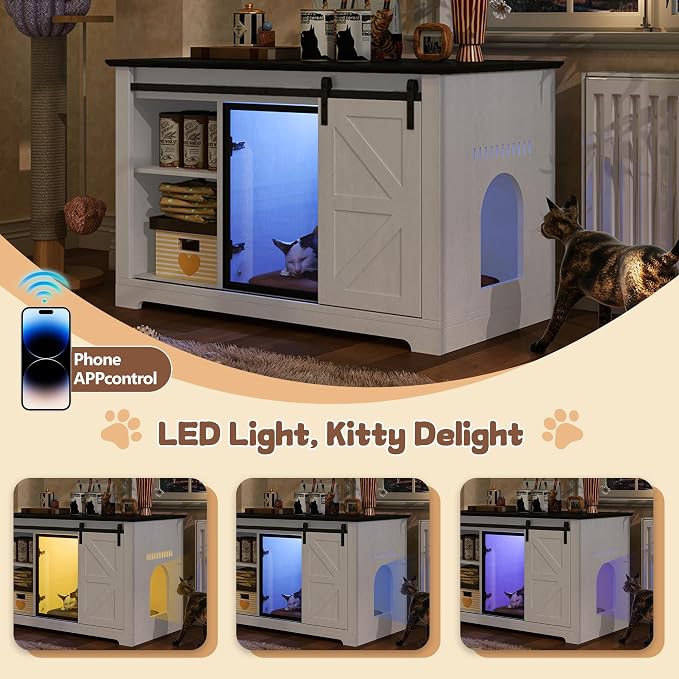 46 Inch Multi-Functional Hidden Cat Litter Box Enclosure with Sliding Barn Door & LED Light, Farmhouse Cat House with Acrylic Door & Storage Cabinet, Can Be Used as Nightstand or Side Table