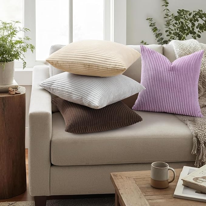 Mecatny Corduroy Decorative Throw Pillow Covers 20x20 Set of 2 Lilac | Soft Striped Texture, Hidden Zipper Design, Neutral Boho Square Pillow Cases for Sofa Couch Living Room Bedroom, Home Décor