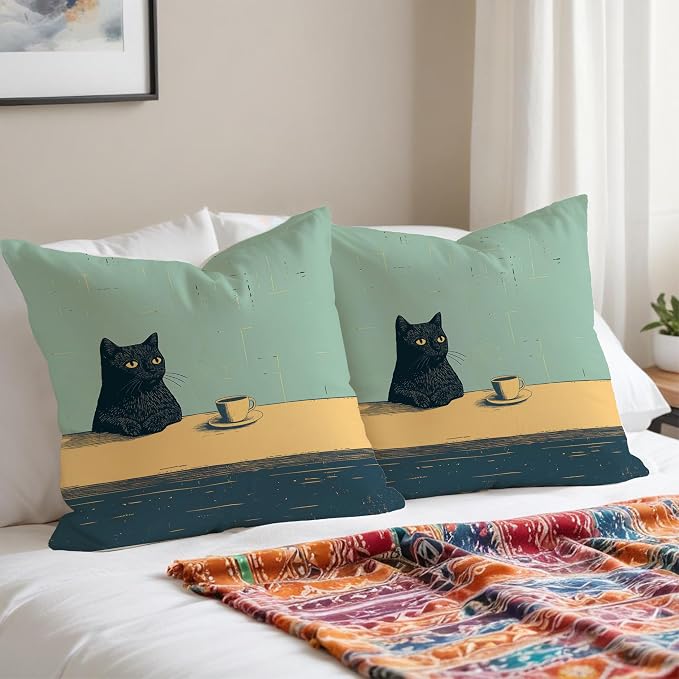 Black Cat Throw Pillow Covers 18x18, Aesthetic Black Cat Art Painting Decor Pillow Covers, Vintage Cats Drinking Coffee Decor for Room Bedroom