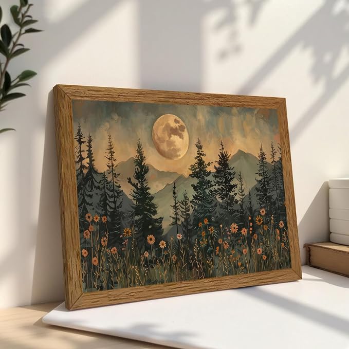 JLTULT Vintage Pine Tree Wall Art, Moonlit Wood-Framed Canvas, 16 x 24 In | Moonlit pine forest with wildflowers, fade-resistant canvas and ready-to-hang frame for bedrooms, living rooms and offices