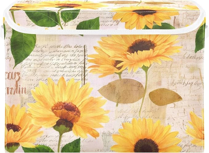 Yellow Sunflower Storage Bins with Lids and Carrying Handle,Foldable Storage Boxes Organizer Containers Baskets Cube with Cover for Home Bedroom Closet Office