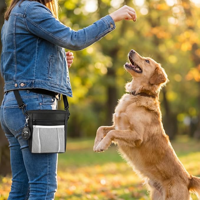 Dog Treat Pouch with Pet Training Clicker, Dog Puppy Training Treat Bag Poop Bag Dispenser Easily Carrying Kibble Snacks Pet Toys for Travel or Outdoor Use