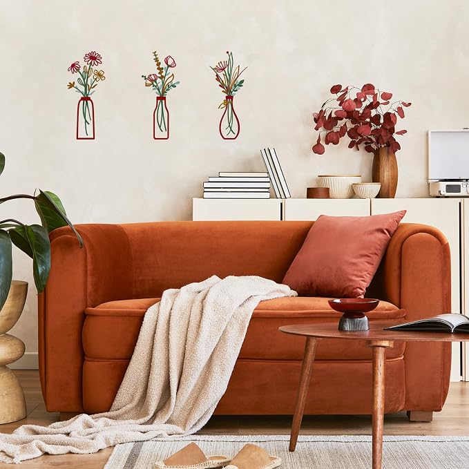 Pigort 3 Pieces Metal Vase Flowers Wall Arts - Rustic Farmhouse Style Décor Metal Wall Art Black Minimalist Flower Natural Themed Wall Decors for Home Bedroom Dining Room Housewarming (Red, Vase-C)