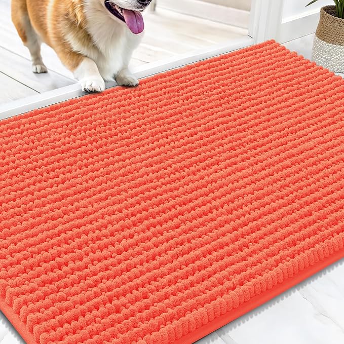 OLANLY Dog Door Mat for Muddy Paws 30x20, Extra Absorbent Chenille Mud Mat | Coral, Absorbs Moisture and Dirt, Non-Slip Machine Washable Doormat, Quick-Drying Indoor Entryway Floor Mat for Dogs