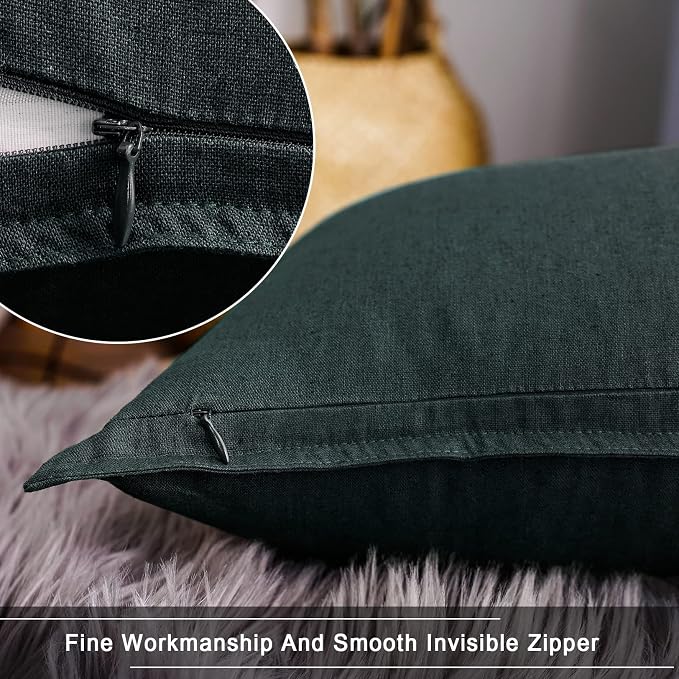 Jeanerlor 24" x 24" Natural Cotton Linen Soft Soild Decorative Square Throw Pillow Covers Green Set Cushion Case for Sofa Bedroom Car 60 x 60cm, Dark Green