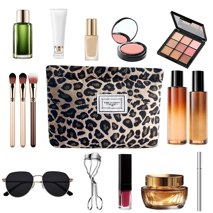 ZLFSRQ Leopard Makeup Bag Cute Cosmetic Bags for Women Cheetah Makeup Bag Canvas Large Capacity Travel Toiletry Bags Aesthetic Cosmetic Pouch for Purse Portable Zipper Skincare Storage Organizer