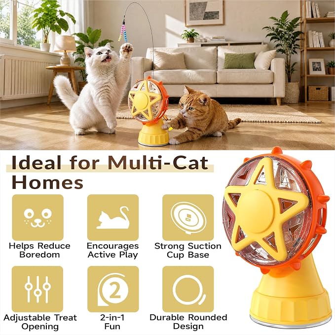 HCY&WLD 2-in-1 Cat Toys Food Dispenser & Teaser Interactive Toys (Yellow) | Multi-Play Puzzle Toy For Indoor Cats, Kitten Slow Feeder, Adjustable Treat Dispensing, Mental Stimulation, Boredom Buster