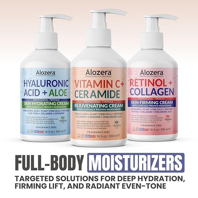 Alozera Vitamin C Body Lotion with Ceramides & Stem Cells, Anti-Aging Moisturizer Cream for Noticeably Youthful, Even Skin Tone, Lightweight, Fragrance-Free, 16.9 oz 2-Pack