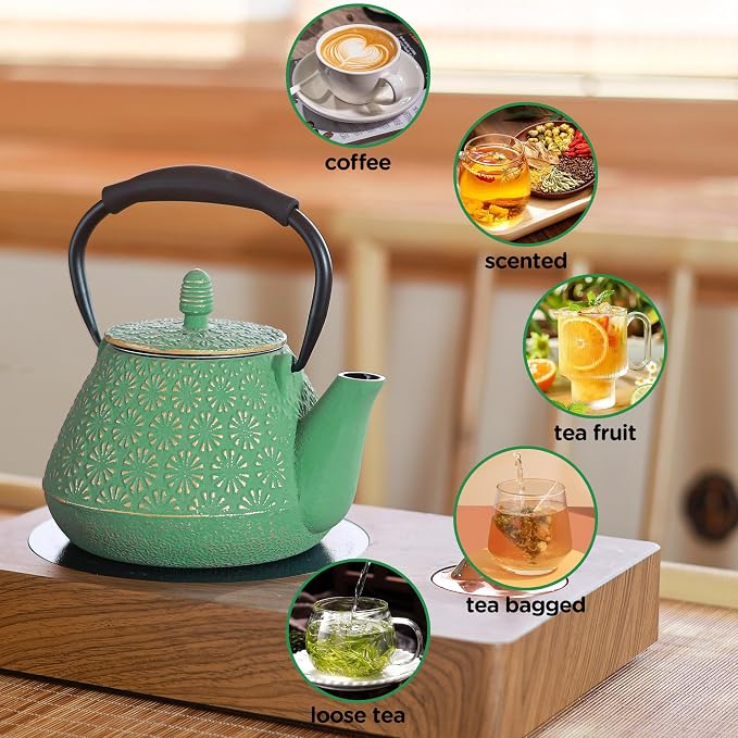 Cast Iron Teapot, 32oz Japanese Sakura Blossom Pattern Tea Kettle, Stovetop Safe, Infuser for Loose Leaf & Coffee, Silicone Handle, Enamel Interior, 950ml Green