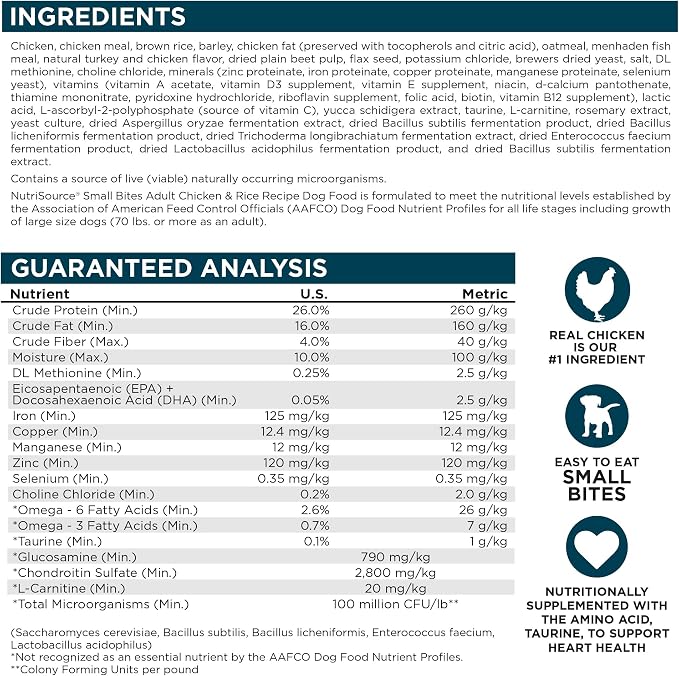 NutriSource Adult Dry Dog Food, Small Bites, Chicken and Rice, 12LB | Probiotic & Prebiotic Support, Grain Inclusive, No Corn Wheat or Soy