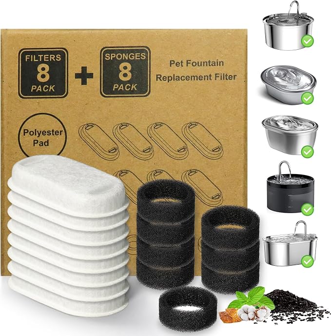 Cat Water Fountain Filter 16Pcs Fit 101oz/3L Stainless Steel Pet Fountain | Cat Fountain Replacement Filters for 67oz/2L, 108oz/3.2L Cat Water Fountains Pet Fountain Filters (8 Filters & 8 Sponges)