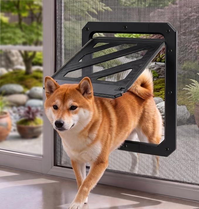 Dog Door for Screen Door, Enhanced Quiet Flap & Sealing Brush, 10.2”x14.3” Opening, Lockable Doggy Screen Door, Magnetic Self-Closing Pet Door-Medium to Large Dogs up to 60 lbs (Black)