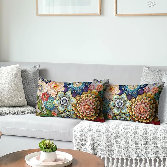 Snycler Boho Floral Throw Pillow Covers Set of 2 Colorful Boho Flower Decorative Cushions Pillowcase for Bedroom Sofa Home Decor, 12x20 Inch, Velvet, Short Plush
