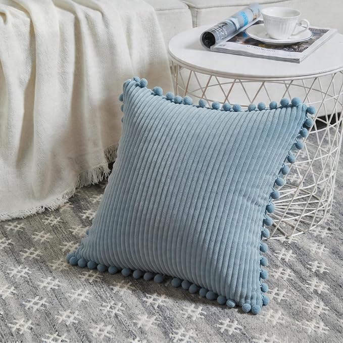 Fancy Homi Set of 2 Light Blue Decorative Throw Pillow Covers 18x18 Inch with Pom-poms, Soft Corduroy Solid Square Baby Blue Cushion Cases Set for Couch Sofa Bedroom Car Living Room 45x45 cm