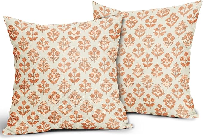 Orange Floral Pillow Covers 22x22 Inch Set of 2, Vintage Flower Block Print Pattern Decorative Throw Pillowcases Outdoor Farmhouse Cushion Covers Spring Summer Rustic Sofa Couch Bed Decor