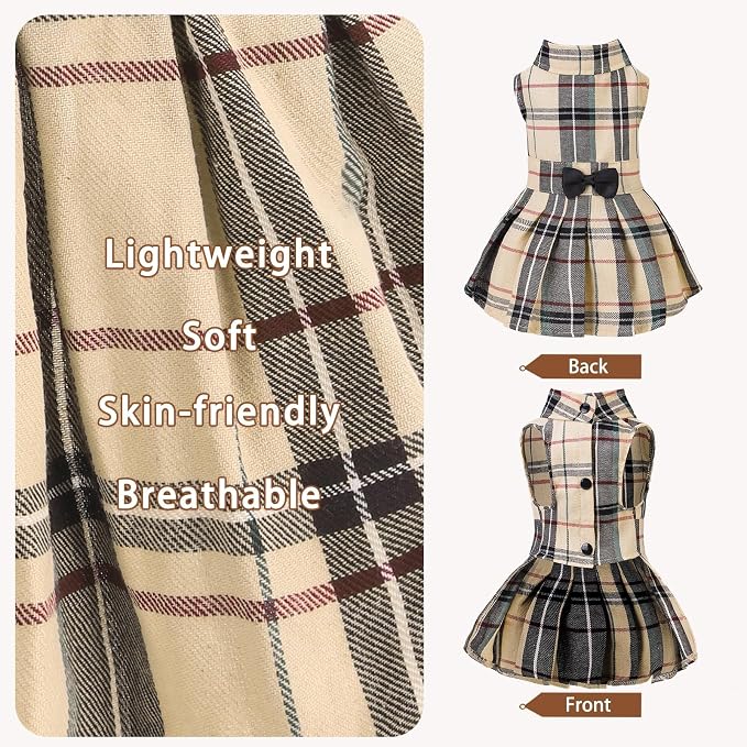 PUPTECK Classic Beige Plaid Dog Dress with Bow Puppy Skirt Clothes L | Cute Chic Cat Puppy Clothes for Small Medium Large Dogs Girl Pet Apparel Outfits Costume for Birthday Wedding Party Holiday