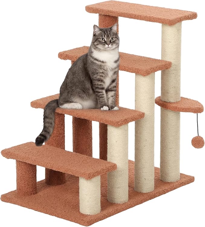 PawHut 4 Levels Cat Steps, Pet Stairs Carpeted Ladder, Kitten Tree Climber with Scratching Posts, Hanging Play Ball, Side Step, for High Bed, Sofa, Brown | Kitten Tree Climber, Scratching Posts, Hanging Play Ball, Side Step, for Sofa