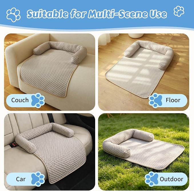 Cooling Pet Bed Mats with Neck & Head Support, 31.5 x 23.62 inch Khaki | for Small and Medium Dogs & Cats, Non-Slip, Machine Washable, Protects Sofa from Fur & Scratches
