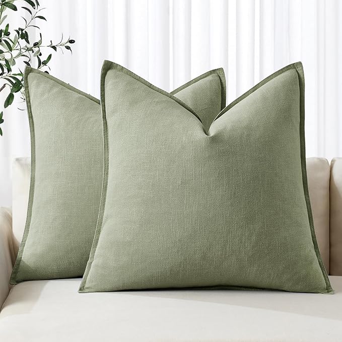 MIULEE Decorative Linen Euro Sham Pillow Covers 22x22 Inch Sage Green | Boho Farmhouse Neutral Couch Throw Pillows for Bed, Pack of 2 Accent Modern Pillowcases, Sofa Livingroom Home Decor