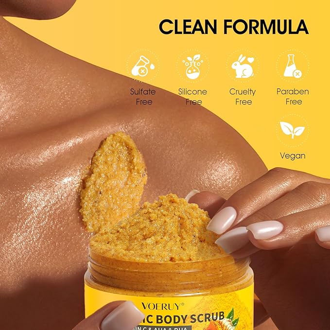 VOERUY Turmeric Body Scrub, 10% AHA/BHA & Vitamin C Exfoliating Body Scrub, Body Exfoliator for Body Hand Foot Bikini Area, Smooth & Moisturized Skin for Women and Men - 11.3oz