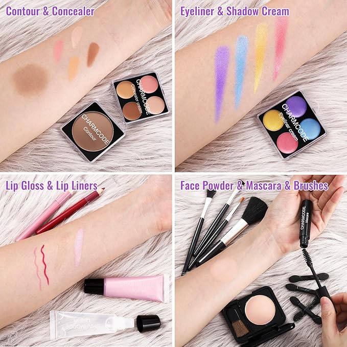 Makeup Kit for Teen Girls & Women Full Kit, Beauty Train Case with Starter Cosmetic Set, Make Up Valentine Gift Box with Eyeshadow,Lipgloss,Highlighter,Blush,Lip&Eye Pencils,Brush & More(Purple)